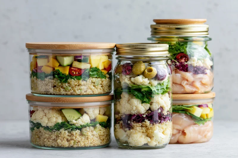 Layered healthy meals in glass containers and mason jars on a countertop