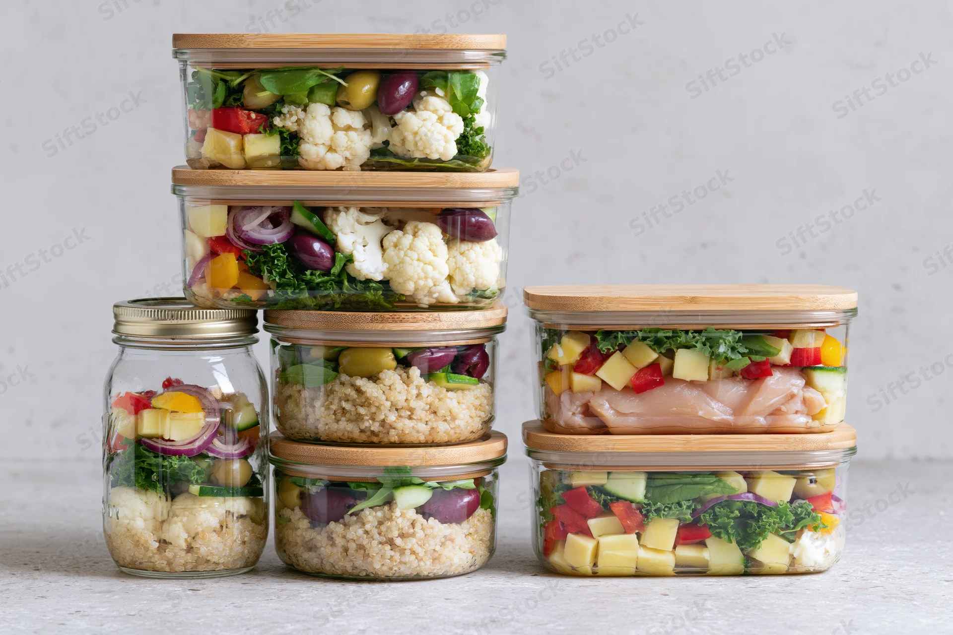 Glass meal prep containers and mason jars filled with colorful salads and grains arranged on a countertop