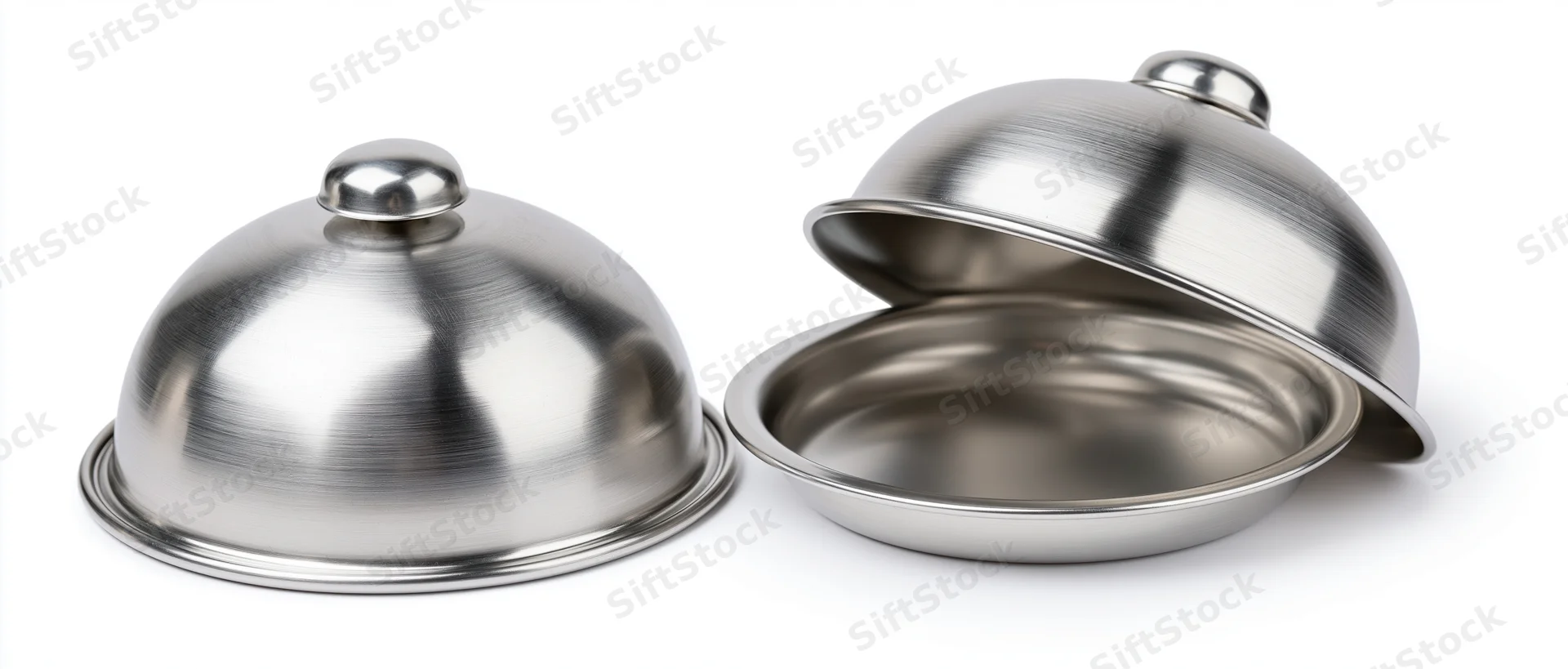 Two stainless steel cloche domes, one closed and one open, on a white background
