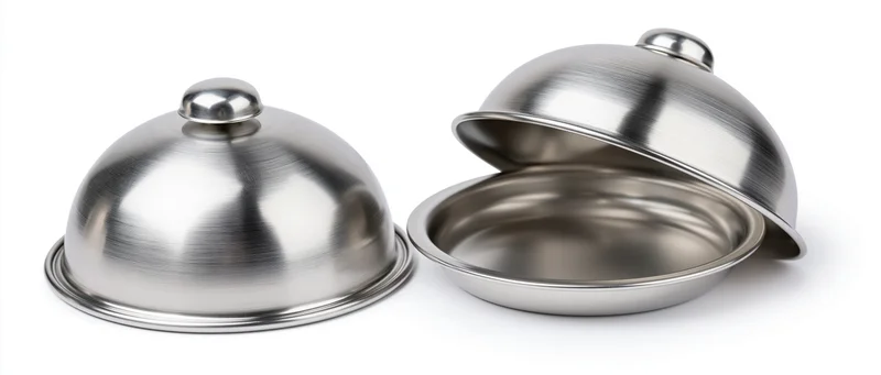 Two stainless steel cloche domes, one closed and one open, on a white background