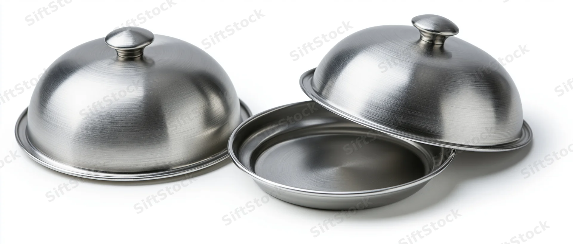 Two stainless steel restaurant cloche domes, one open and one closed, on a white background