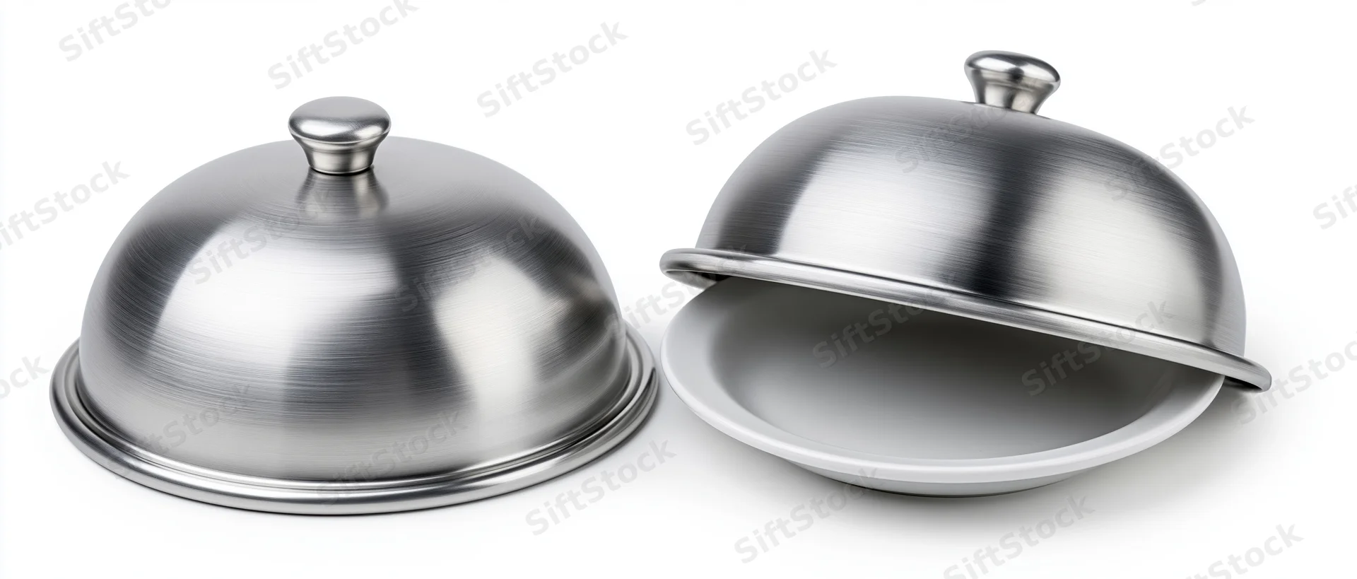 Two stainless steel cloche domes on white background, one closed and one open revealing a plate beneath