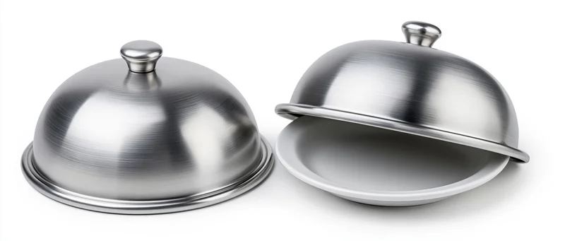 Two stainless steel cloche domes on white background, one closed and one open revealing a plate beneath