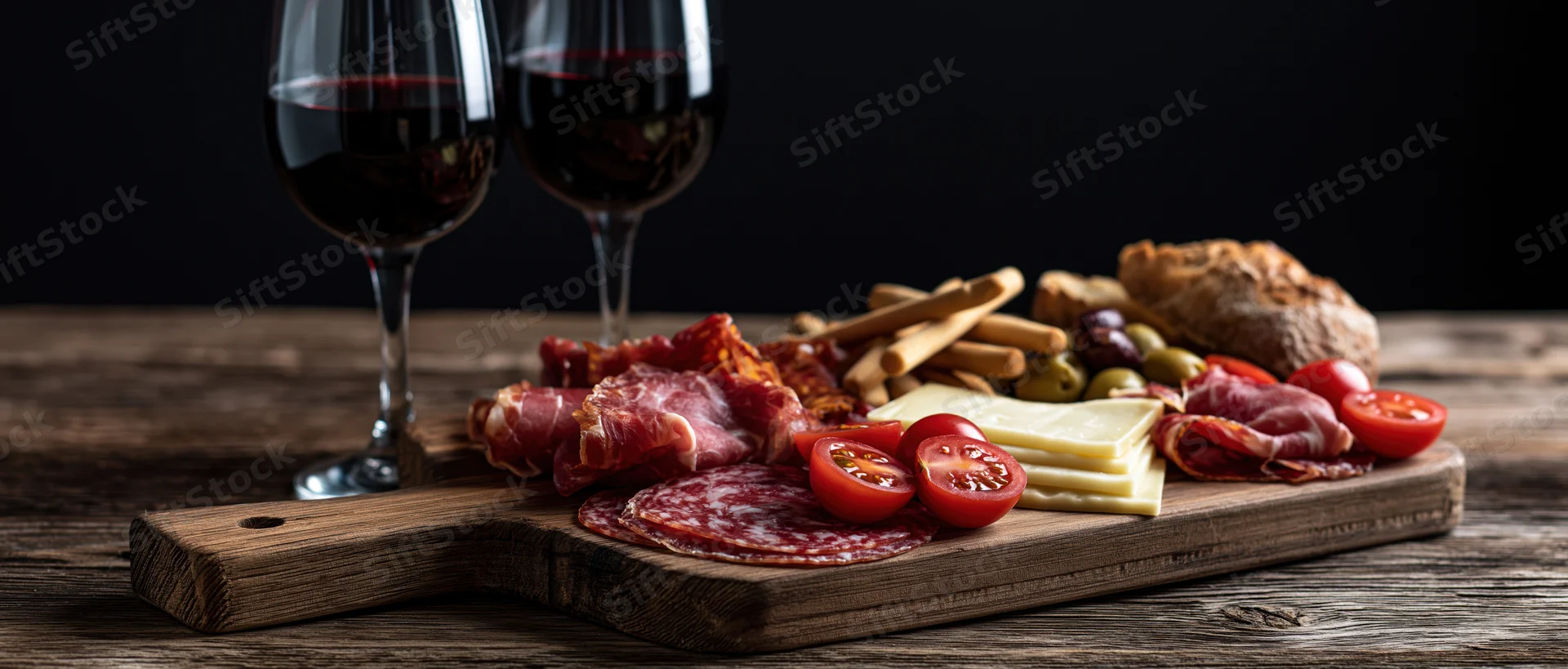 Charcuterie board with cured meats, cheese, tomatoes, olives, bread and crackers beside two glasses of red wine on a rustic wooden table