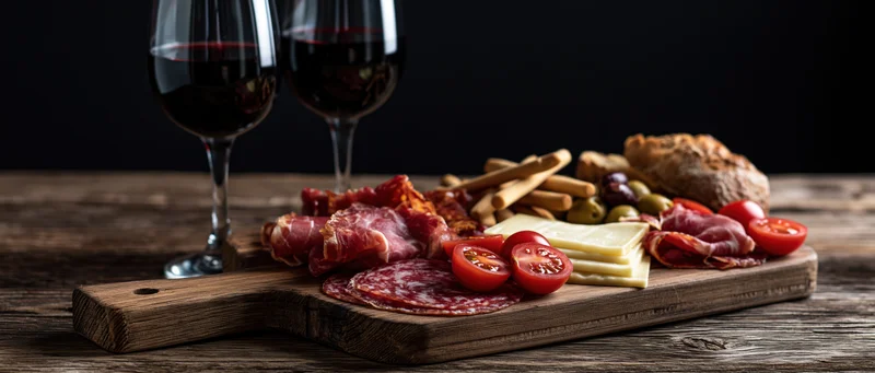 Charcuterie board with cured meats, cheese, tomatoes, olives, bread and crackers beside two glasses of red wine on a rustic wooden table