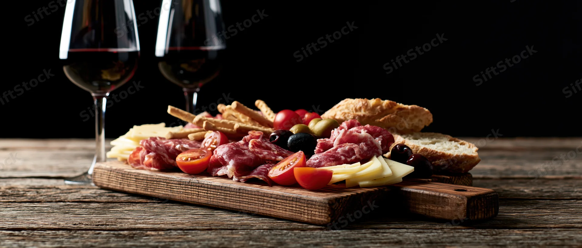 Charcuterie board with cheese, cured meats, tomatoes, olives, bread and crackers beside two glasses of red wine on a rustic wooden table