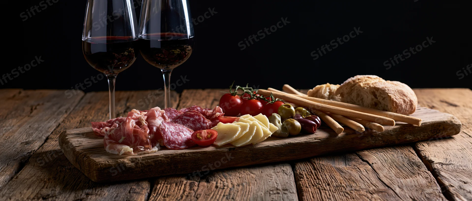 Two stemmed glasses of red wine beside a rustic wooden board with cheese, cured meats, tomatoes, olives, bread and crackers