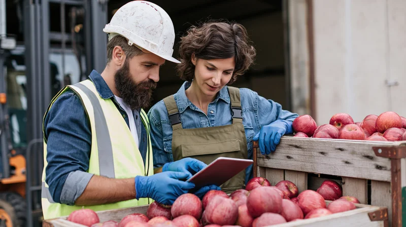 Two warehouse workers inspecting apples in crates with a tablet in a storage facility