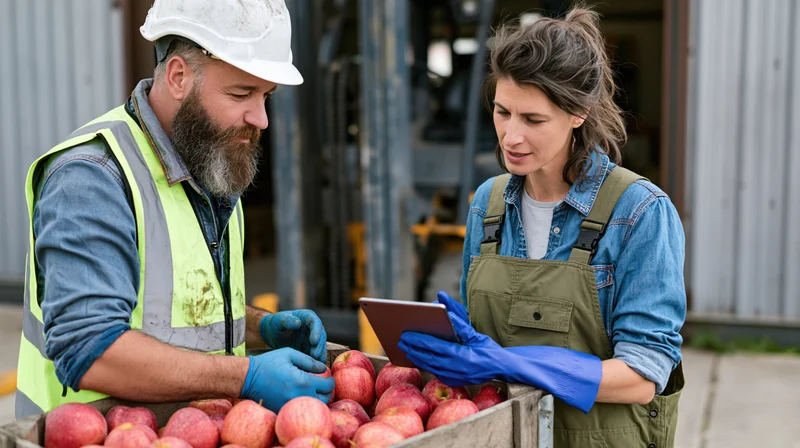 Two warehouse workers inspecting apples in a crate using a tablet outdoors