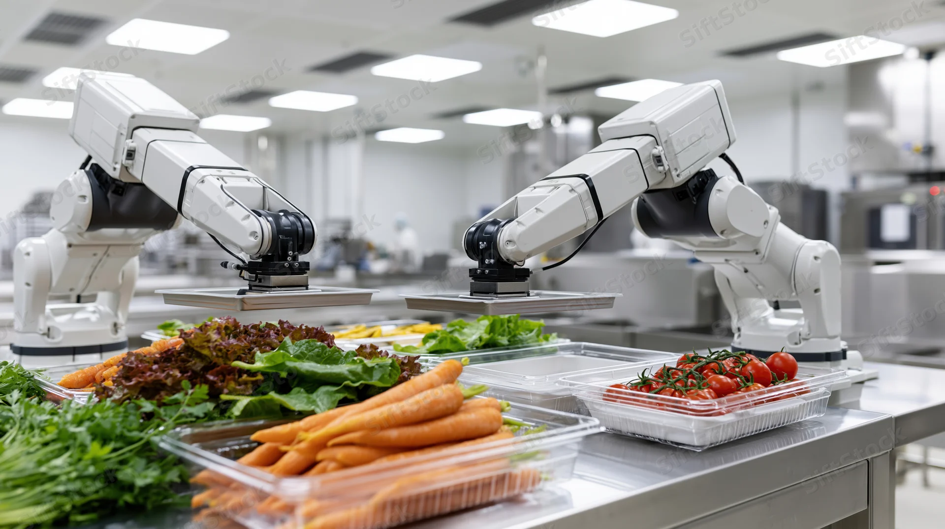 Robotic arms assembling food trays with vegetables in a clean industrial facility
