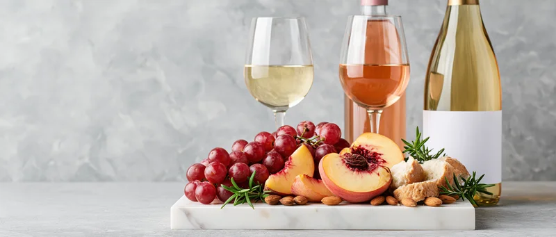 Wine bottles and glasses with fruit and cheese on a marble tray on a light gray surface