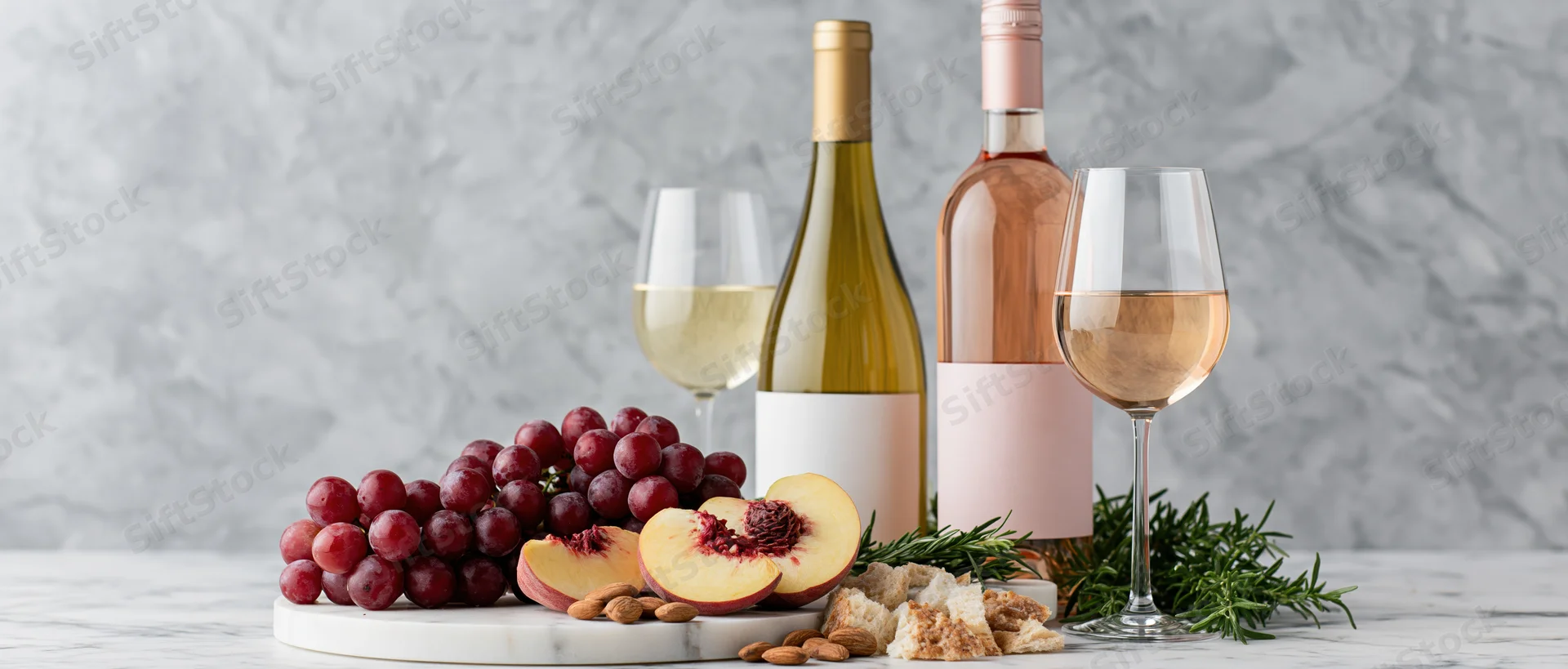Two wine bottles with glasses of white and rosé wine arranged with grapes, peach slices, almonds, crackers and rosemary on a marble table