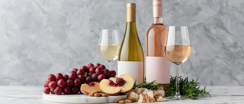 Two wine bottles with glasses of white and rosé wine arranged with grapes, peach slices, almonds, crackers and rosemary on a marble table
