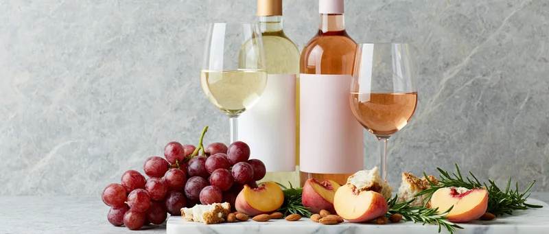 Two wine bottles with glasses of white and rosé wine arranged on a marble table with grapes, peaches, cheese, almonds and rosemary