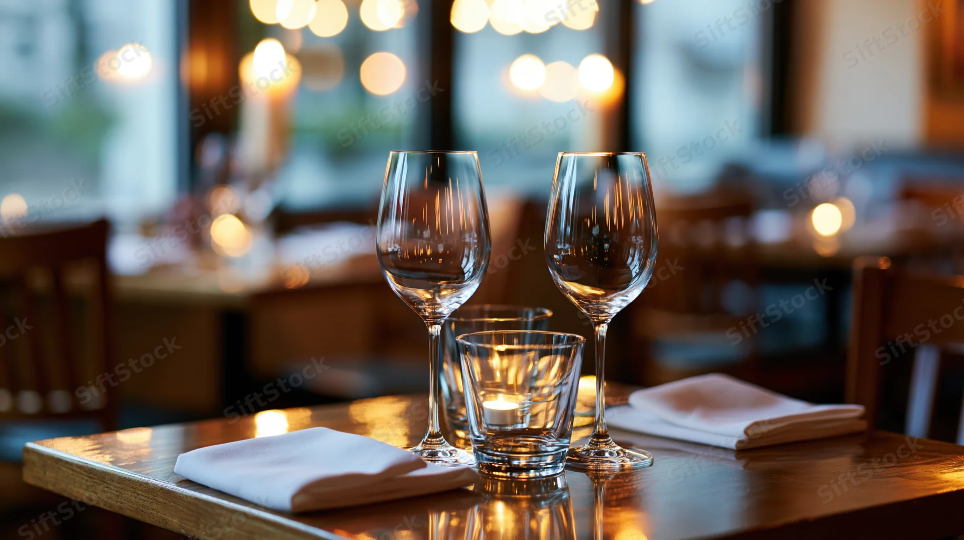 Two wine glasses and a tumbler on a polished wooden table in a restaurant interior with candlelight and napkins