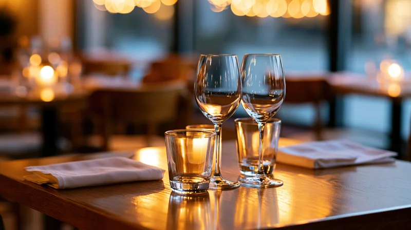 Two wine glasses and a tumbler on a polished wooden table in a restaurant with candlelight and soft background glow
