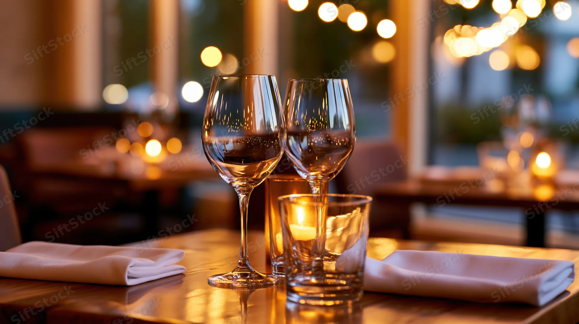 Two wine glasses and a tumbler with a candle on a polished wood restaurant table at evening