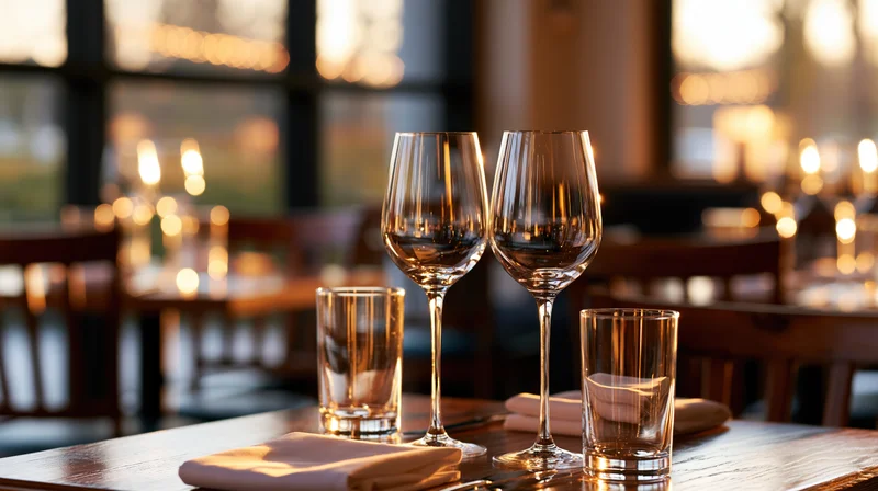 Two wine glasses and tumblers on a polished wooden table in a restaurant interior at evening