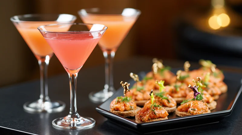 Three pink cocktails and shrimp canapes on a black plate on a dark polished table