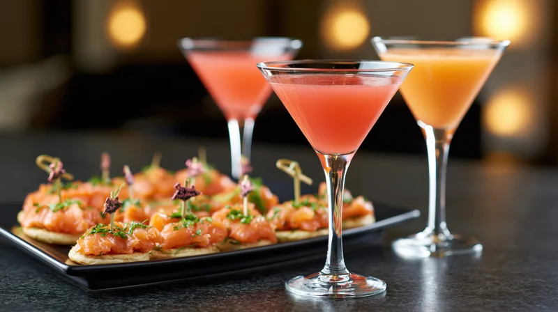 Three cocktails and smoked salmon canapes on a dark polished table at an upscale party