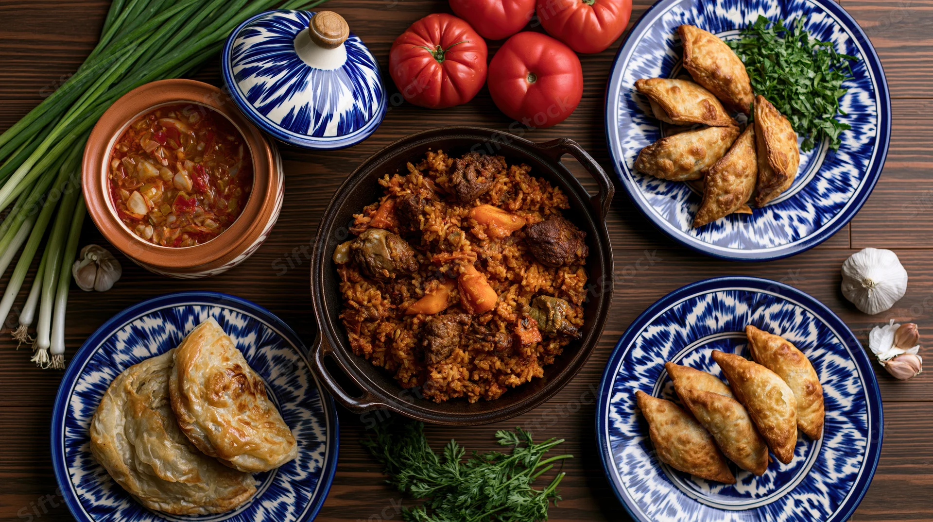 Central asian feast spread with pilaf, samosas, and fresh vegetables on dark wooden table