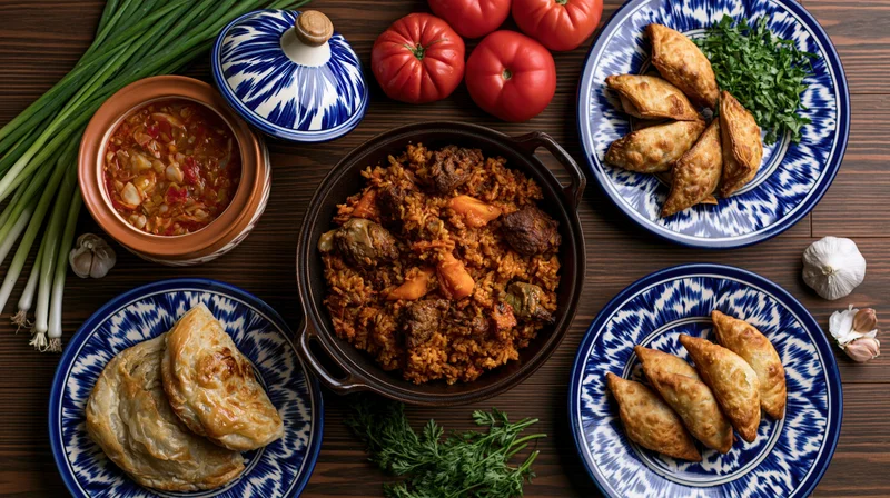 Central asian feast spread with pilaf, samosas, and fresh vegetables on dark wooden table