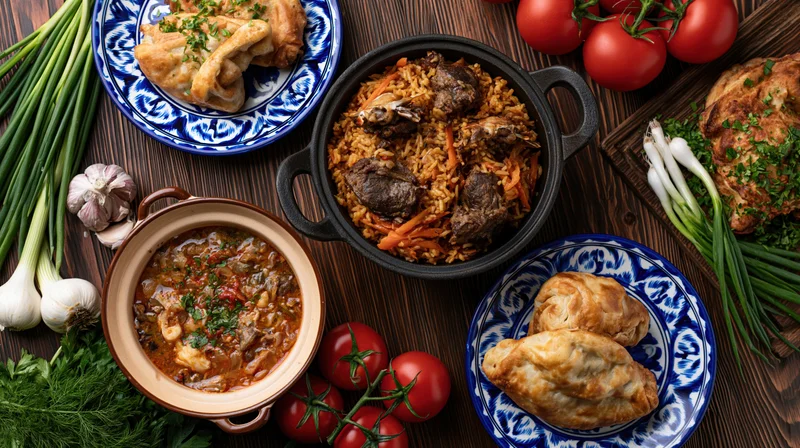 Uzbek Central Asian feast spread on a dark wooden table with rice, meat, vegetables, and herbs in ceramic bowls and patterned plates