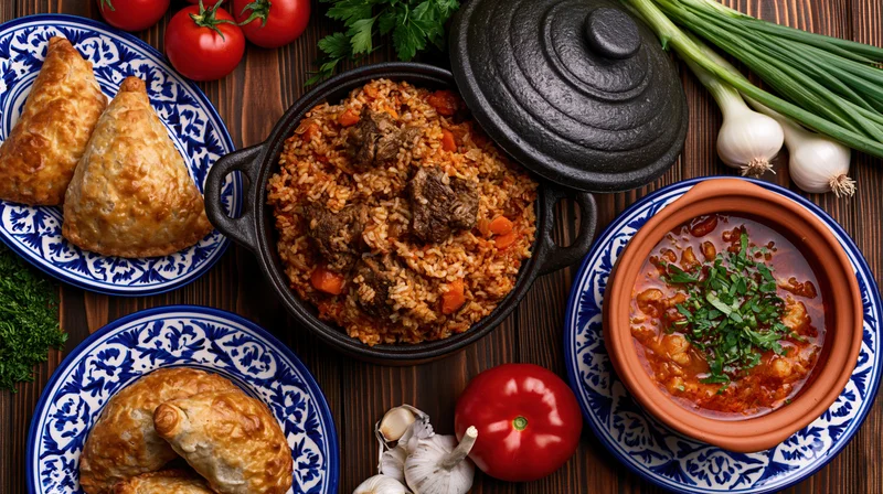 Central asian feast spread with rice, meat, vegetables, samosas and herbs on dark wooden table
