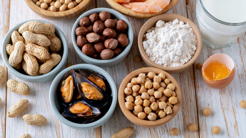 Various common food allergens arranged in bowls on a whitewashed wooden table