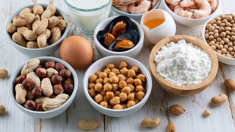 Various common food allergens arranged in bowls on a whitewashed wooden table