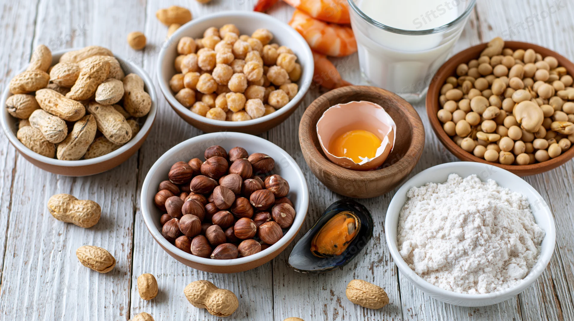 Various common food allergens arranged in bowls on a whitewashed wooden table