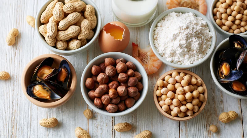Various common food allergens arranged in bowls on a whitewashed wooden surface