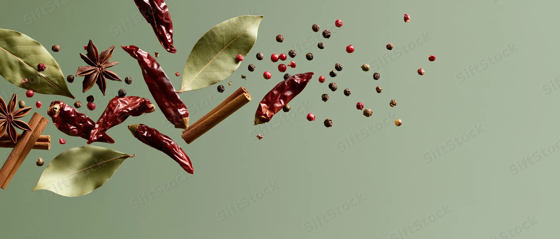 Dried spices and herbs floating mid-air against a muted green background