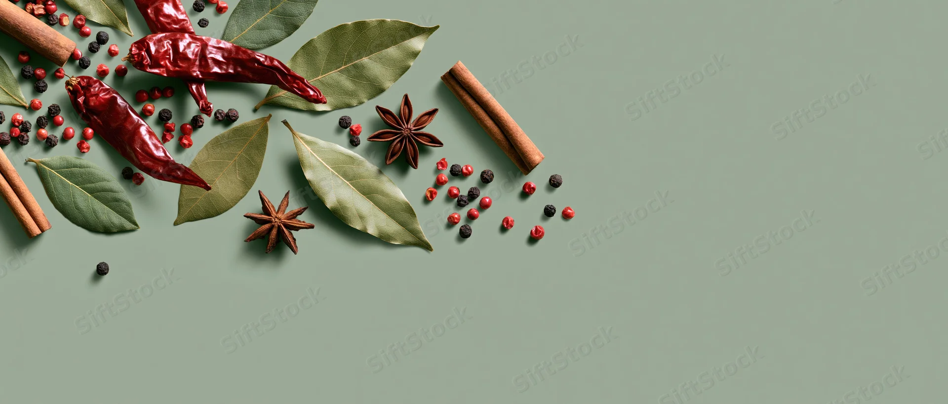 Dried spices and herbs arranged on a green surface with copyspace