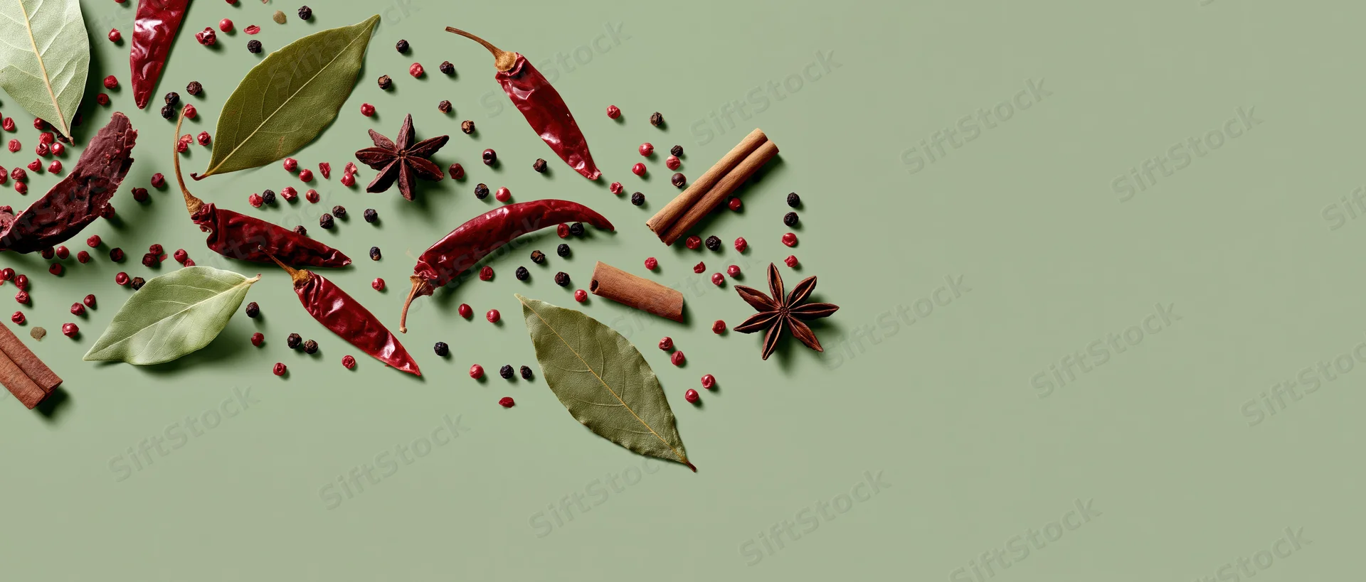Dried spices and herbs arranged in a flat lay on a green surface with copyspace