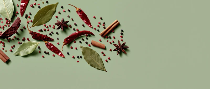 Dried spices and herbs arranged in a flat lay on a green surface with copyspace