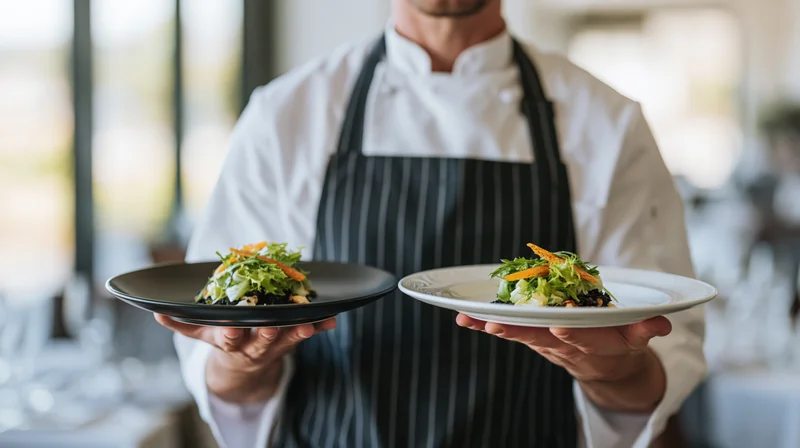 Chef holding two plated salads in a restaurant dining area