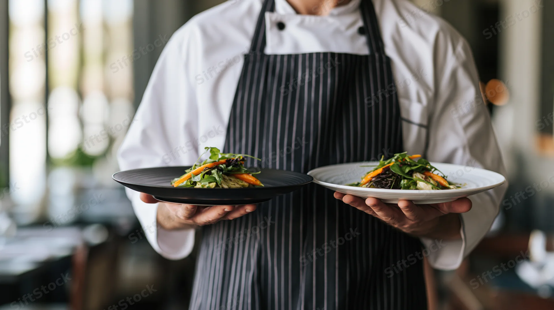 Chef holding two plated salads in a restaurant dining area