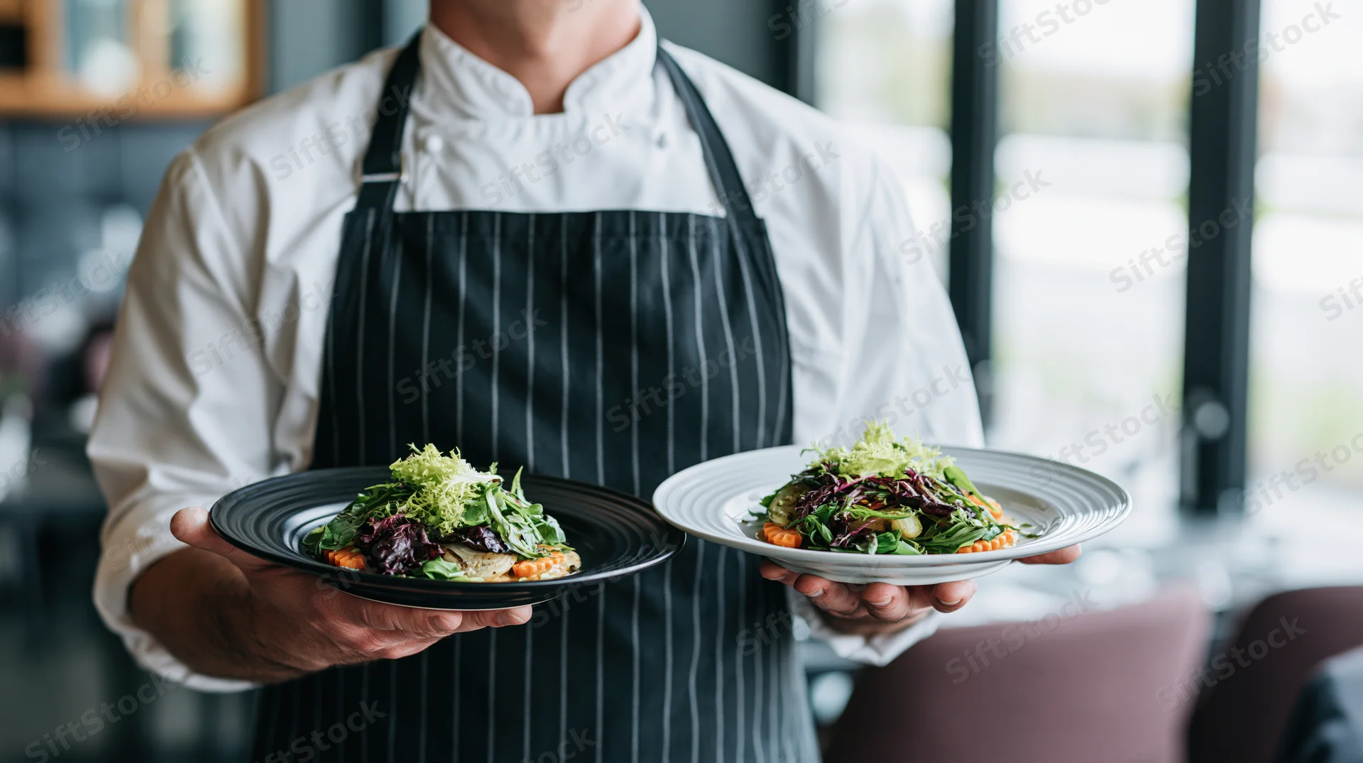 Chef holding two plated salads in a restaurant setting