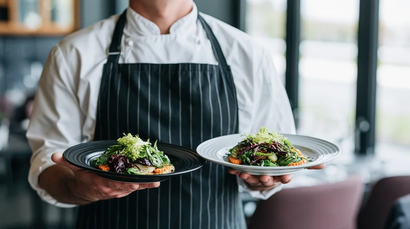 Chef holding two plated salads in a restaurant setting