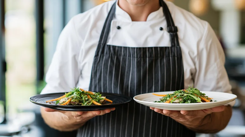 Chef holding two plated dishes with salad and garnish in a restaurant setting