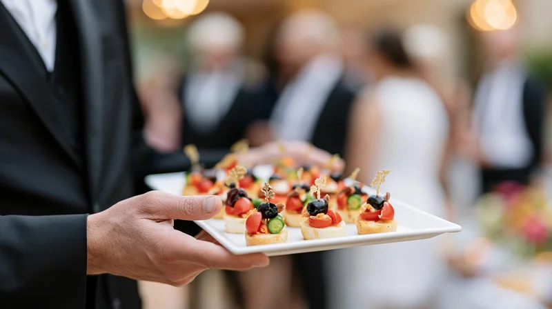Waiter holding a tray of appetizers at a wedding reception