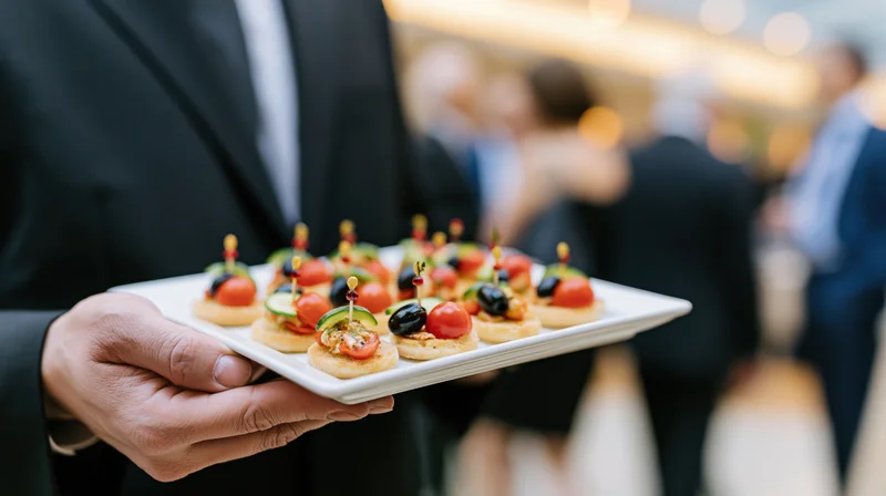 Waiter holding a tray of appetizers at a corporate event