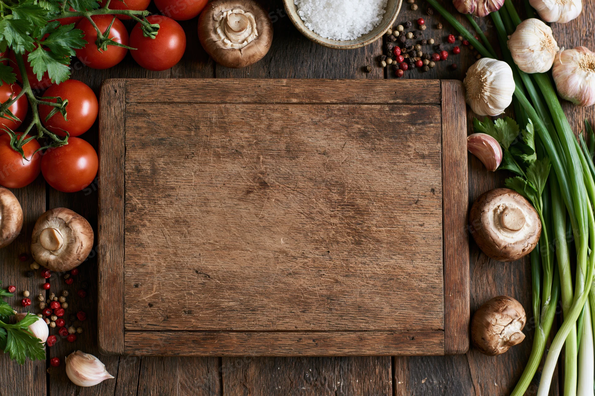 Weathered wooden cutting board surrounded by fresh vegetables and herbs on dark rustic countertop