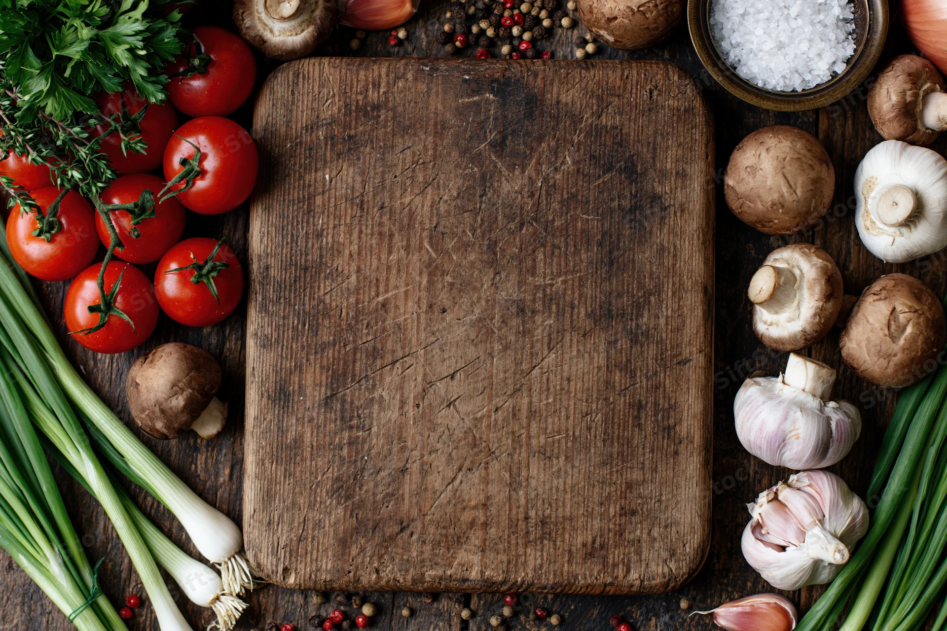 Weathered wooden cutting board surrounded by fresh vegetables and herbs on dark rustic kitchen surface