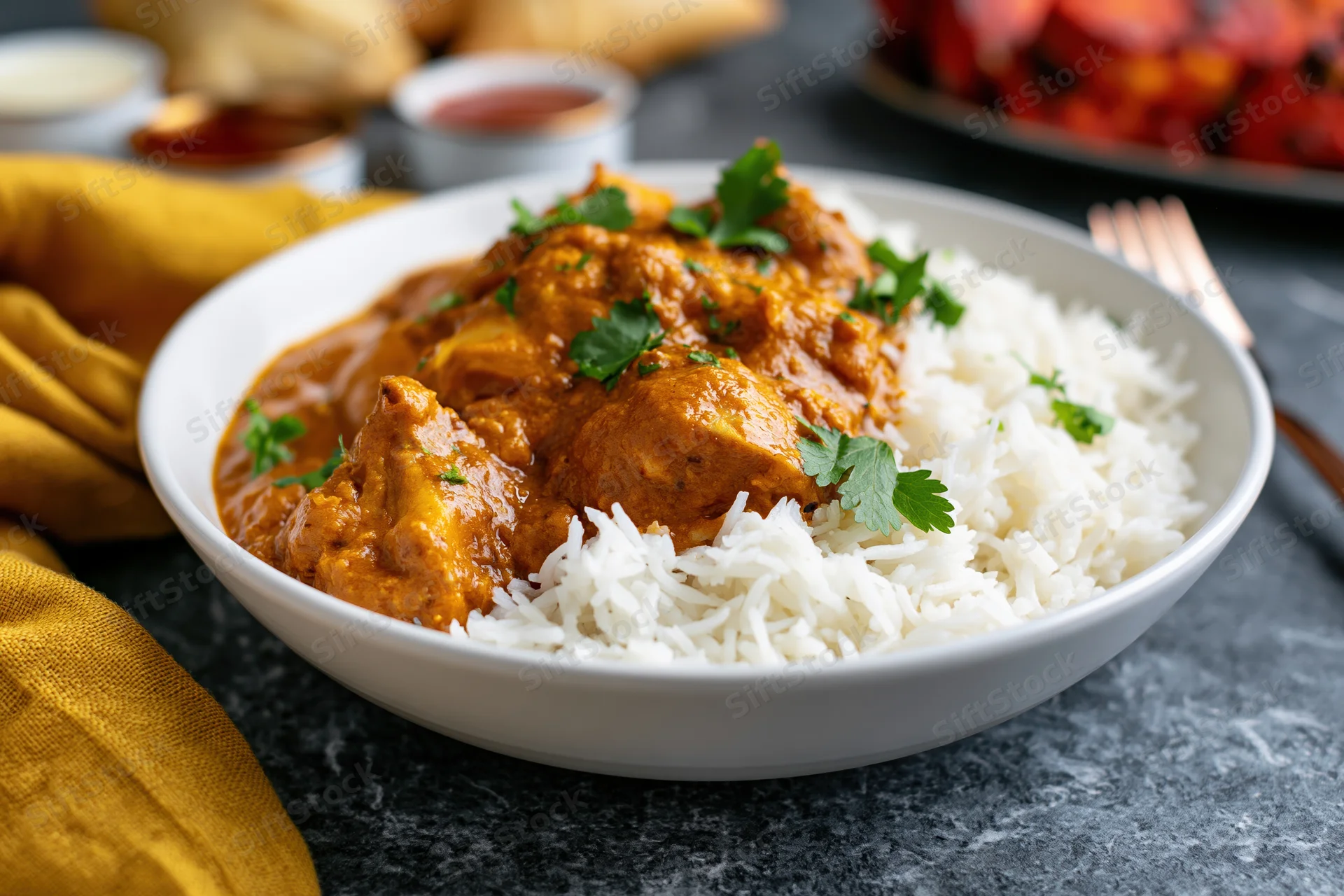 White bowl of indian chicken curry with basmati rice on dark stone table