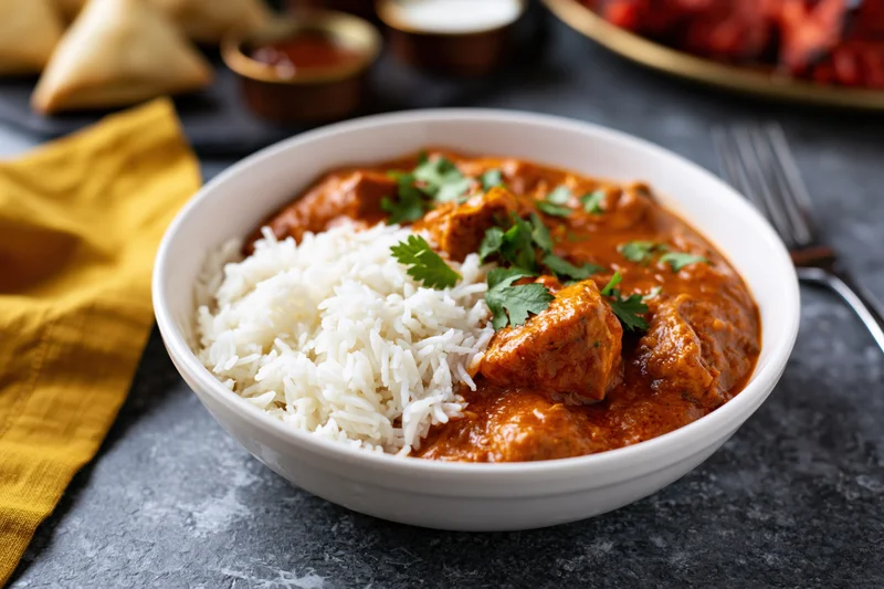 White bowl with indian chicken curry and steamed basmati rice on dark stone surface