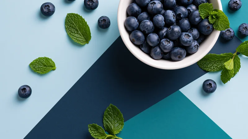 White ceramic bowl filled with fresh blueberries and mint leaves on a geometric blue surface, top view flat lay arrangement