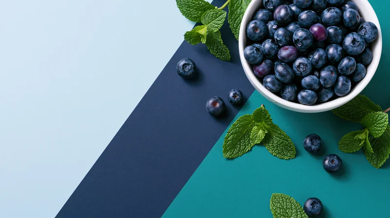 White ceramic bowl filled with blueberries and mint leaves on a color-blocked surface