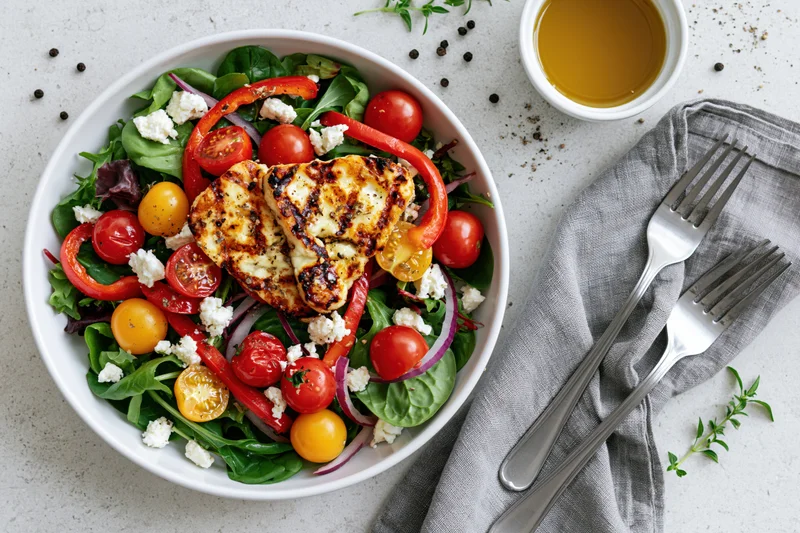 Grilled halloumi salad with cherry tomatoes and greens in a white ceramic bowl, served with forks and olive oil on a light countertop